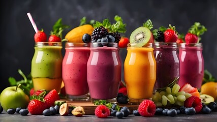 Wall Mural - Smoothie with freshly squeezed fruit and vegetable juice with toppings of fruits and vegetables on a solid base. a wide variety of flavors. Template mockup for designing artwork