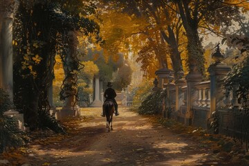 Canvas Print - Man riding a horse in a beautiful garden outdoors painting cycling.