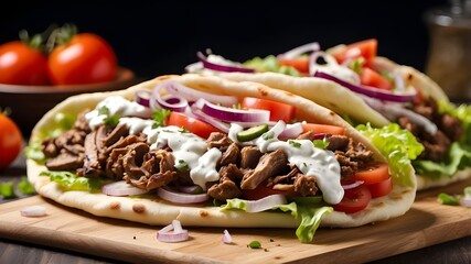 Wall Mural - Flavorful fast food gyros served on a flatbread with lettuce, tomatoes, onions, and rolled in isolation