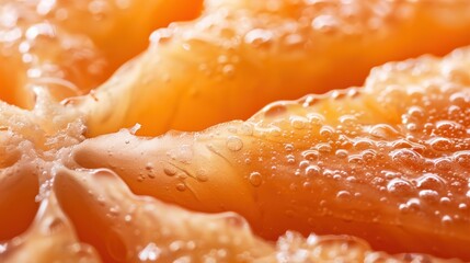 A detailed macro image capturing the intricate texture and freshness of orange slices, highlighted by glistening dewdrops that emphasize their juicy appeal.