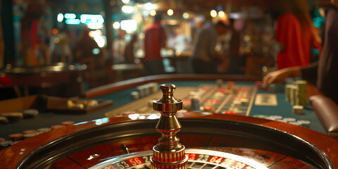 Vibrant Casino Roulette Table at Night with Blurry Background