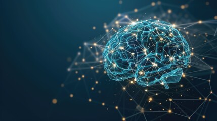 Poster - A digital representation of a human brain with a network of connecting lines and glowing points