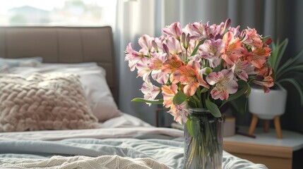 Canvas Print - Bedside table decor with alstroemeria flowers in bedroom