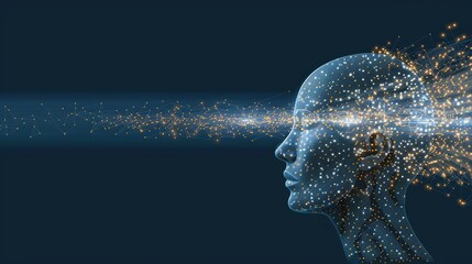 Poster - A blue, digital human profile, rendered in a side view, with glowing lines extending out of the head and into the darkness
