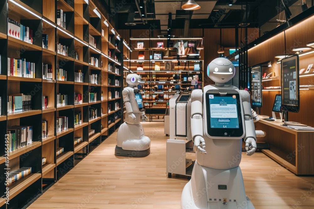 An automated library with robotic arms sorting and organising books ...