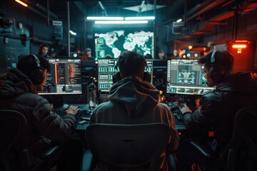 Three individuals in a dimly lit room working on advanced computer systems during the night. They are focused and coordinated, possibly monitoring a global security network.