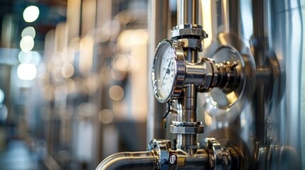 Poster - A closeup shot of a gauge connected to a steel pipe in a industrial setting