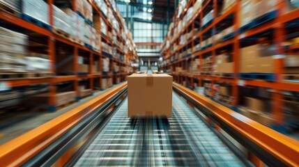 Poster - A cardboard box moves along a conveyor belt in a warehouse setting