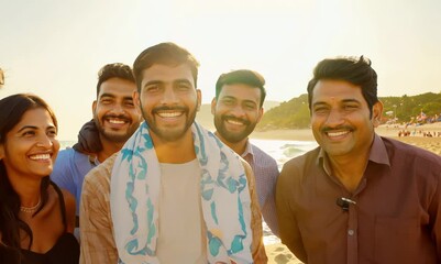 Wall Mural - Group portrait of an Indian man in his 30s wearing a foulard in a beach 