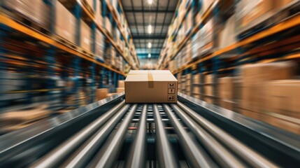 Aufkleber - A cardboard box moving on a conveyor belt in a warehouse