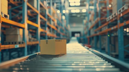 Poster - A cardboard box traveling on a conveyor belt in a warehouse
