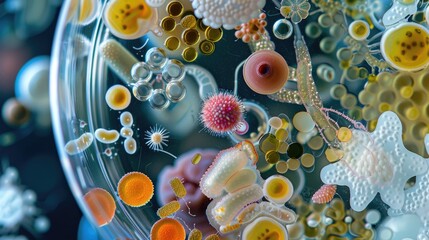 Poster - Close-up of diverse microorganisms in a petri dish, with bacteria, protozoa, algae, and fungi under super macro zoom.