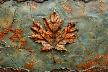 Canvas Print - A autumnal maple leaf is on a textured artistic wall. nature concept, banner