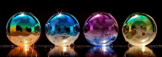 Poster - Isolated soap bubbles on black background with clipping path in flight