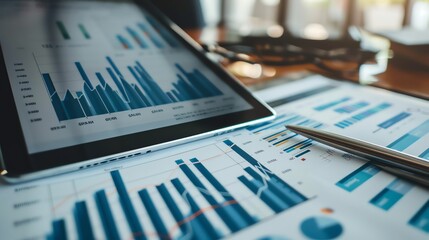 Poster - A tablet and pen lay on a desk with graphs.
