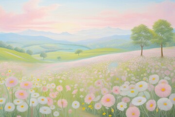 Poster - Flower field painting landscape grassland.