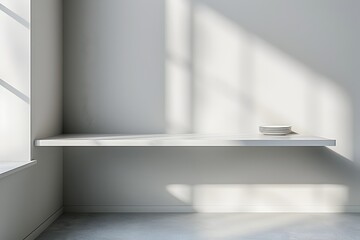 Poster - Modern Minimalist White Table for Elegant Kitchenware Display in Sleek Kitchen Setting