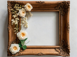 A wooden picture frame adorned with fresh flowers.