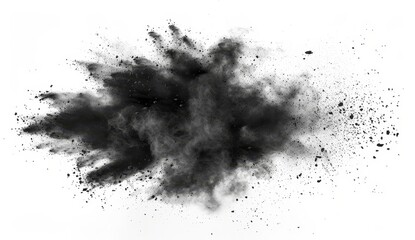 Poster - A black chalk piece and powder are flying through the air, isolated on a white background.