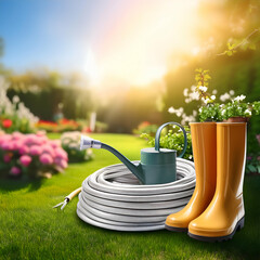 Wall Mural - a garden hose and various gardener's tools with ample copy space for products. The composition should highlight the freshness of spring and the joy of gardening.