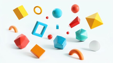 Poster - A collection of colorful 3D geometric shapes floating in mid-air.