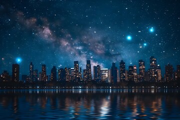 Sticker - Captivating Night Skyline of a Towering Metropolis Reflecting in the Tranquil Waters