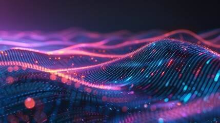 Aufkleber - 3D rendering of futuristic dots pattern on dark background. Colored music wave. Big data digital code. Technology or Science banner.