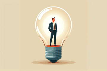 Animation of a businessman standing inside a glowing light bulb