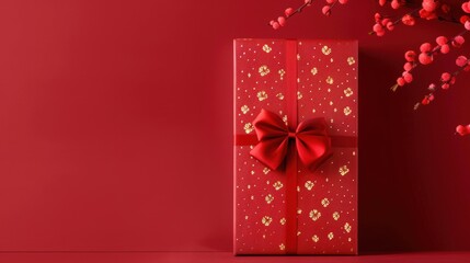 Red gift box with a red ribbon and gold foil patterns against a red background, symbolizing luxury and celebration