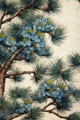 Poster - Wood block print illustration of pine plant tree art.