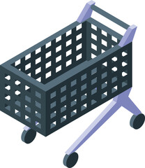 Poster - Empty shopping cart standing on white background, isometric view, concept of commerce and shopping