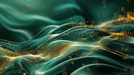 Wall Mural - Dynamic wallpaper with particles in rich emerald and gold sparkling light