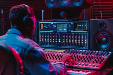 A detailed shot of a music producer working on a mixing console in a recording studio.