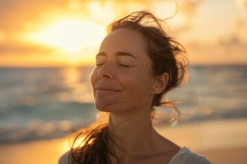 happy person in a beach sunset landscape