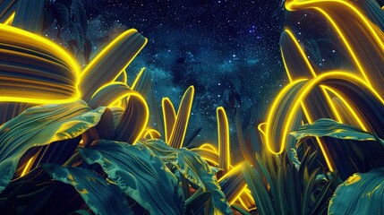 An otherworldly scene where bright yellow neon lights wrap around the leaves of desert cacti, providing a stark contrast to the dark, starry night sky behind.