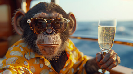 Monkey or a chimpanzee wearing sunglasses and gold jewelry on a yacht, holding drinks. Monkey enjoying a cruise at sea. Perfect for animal travel and sea adventures. Summer, holidays, travel, cruise