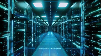 3d render of server room data center corridor with bright glowing lights