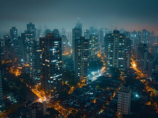 Poster - Mesmerizing Nightscape of a Bustling Metropolis Skyline with Illuminated Skyscrapers