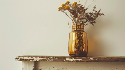 Canvas Print - Golden jar with dried plants on vintage shelf against white