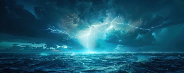Wall Mural - A stormy ocean with a lightning bolt in the sky. Free copy space for banner.