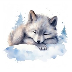 Sticker - Watercolor baby wolf sleeping animal cartoon mammal.