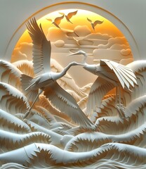 Wall Mural - Paper carving of two white cranes flying over stormy sea waves