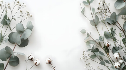 Wall Mural - floral arrangement with eucalyptus and cotton on white backdrop viewed from above with space for tex