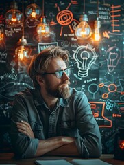 Poster - Visionary Startup CEO Brainstorming with Team Amid Innovative Gadgets and Tech in Office