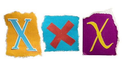 X alphabet torn from a magazine paper. Ransom note style letters.