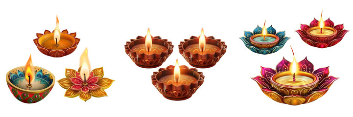 Set of clay lamps diyas for Diwali festival on transparent background 