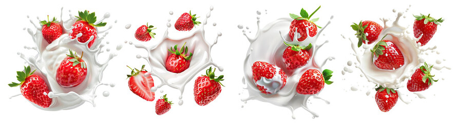 Poster - Set of fresh strawberries splashing into creamy milk or yoghurt, cut out