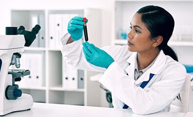 Poster - Woman, blood and working in laboratory for science, research and development for healthcare. Innovation, test tube and medical professional in clinic or hospital for check, investigation or treatment