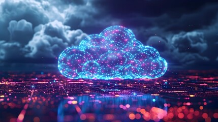 Poster - vibrant hybrid cloud network illuminating the stormy night sky