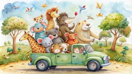 Wall Mural - Whimsical watercolor illustration of a car transporting a lively menagerie of lion, hippopotamus, giraffe, bear, rabbit, and mouse on a fantastical adventure.